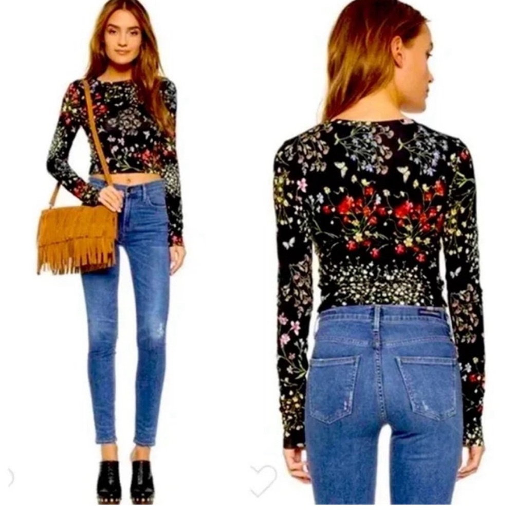 Alice + Olivia Black Floral Long-Sleeve Crop Top
